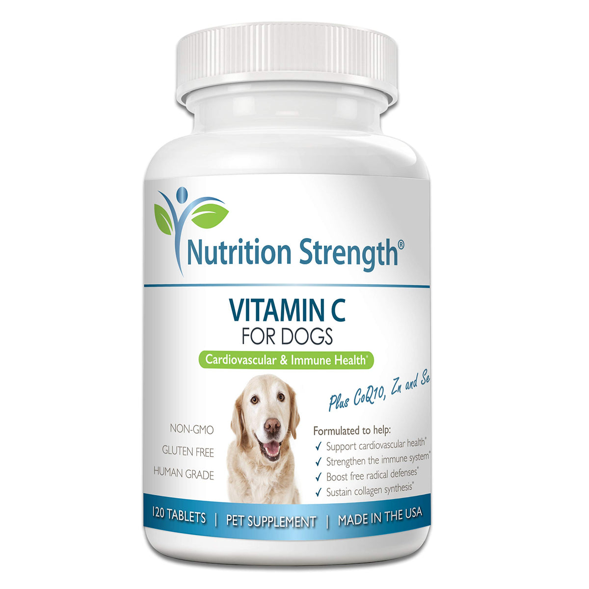 Nutrition Strength vitamine C pour chiens — bouteille affichant le complément et un soutien potentiel cardiovasculaire