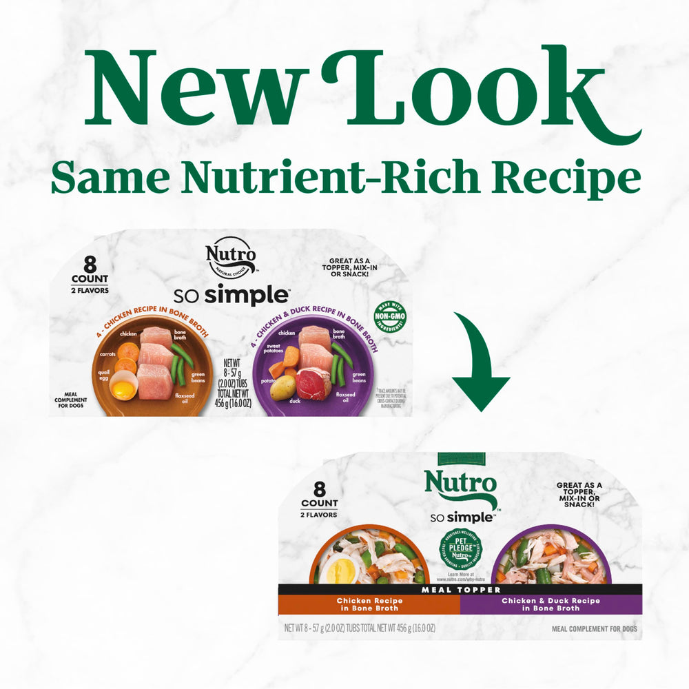 Nutro complément morceaux poulet, texture tendre pour chiens actifs.