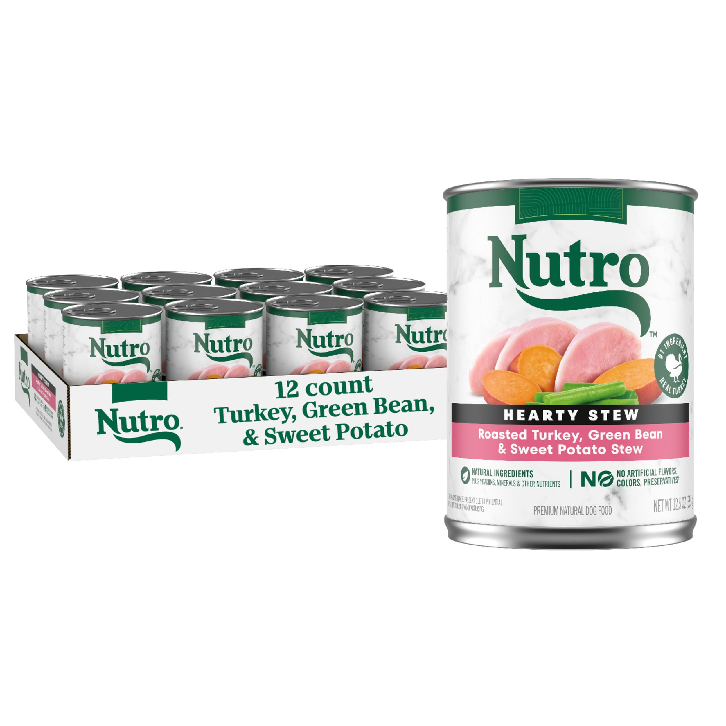 Nutro Hearty Stew: boîte dinde rôtie avec haricots verts et patates douces pour repas savoureux.