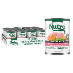 Nutro Hearty Stew: boîte dinde rôtie avec haricots verts et patates douces pour repas savoureux.