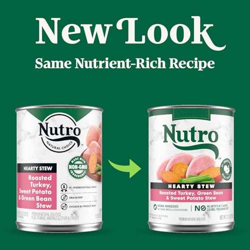Nutro Hearty Stew: conserve dinde rôtie sauce au jus avec haricots verts et patates douces.