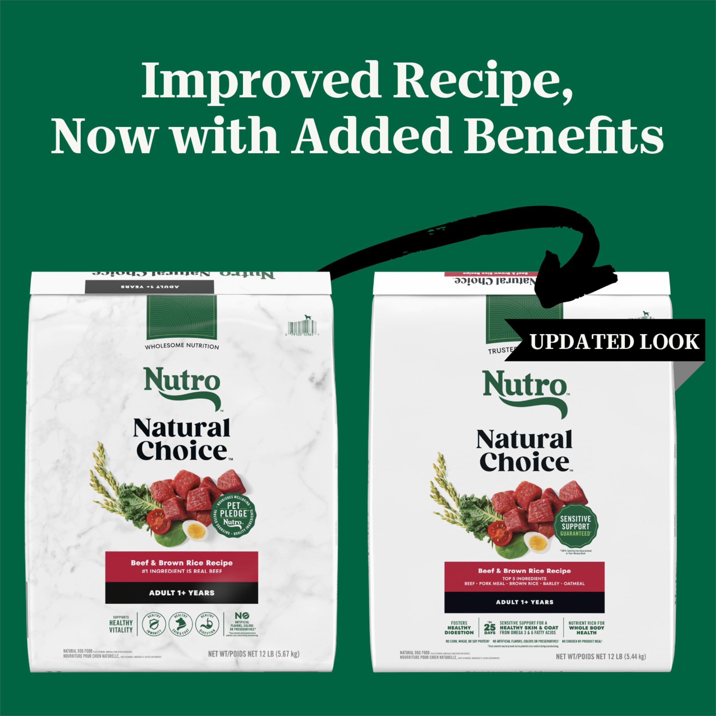Nutro Natural Choice sac ouvert montrant croquettes riches en boeuf et riz