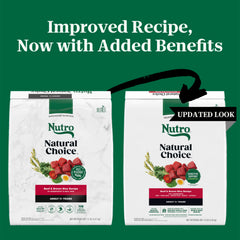 Nutro Natural Choice sac ouvert montrant croquettes riches en boeuf et riz