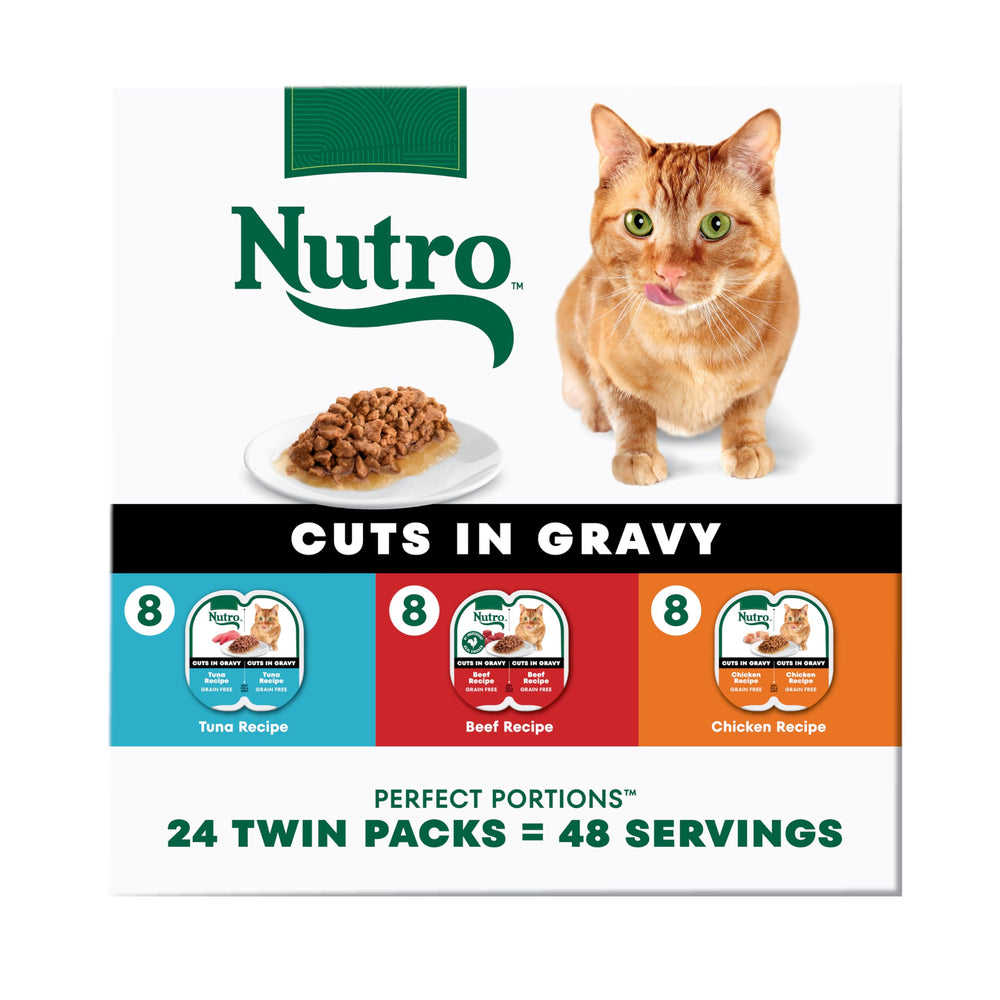 Nutro Perfect Portions boeuf-gravy tranches : repas humide protéiné pour chats adultes.
