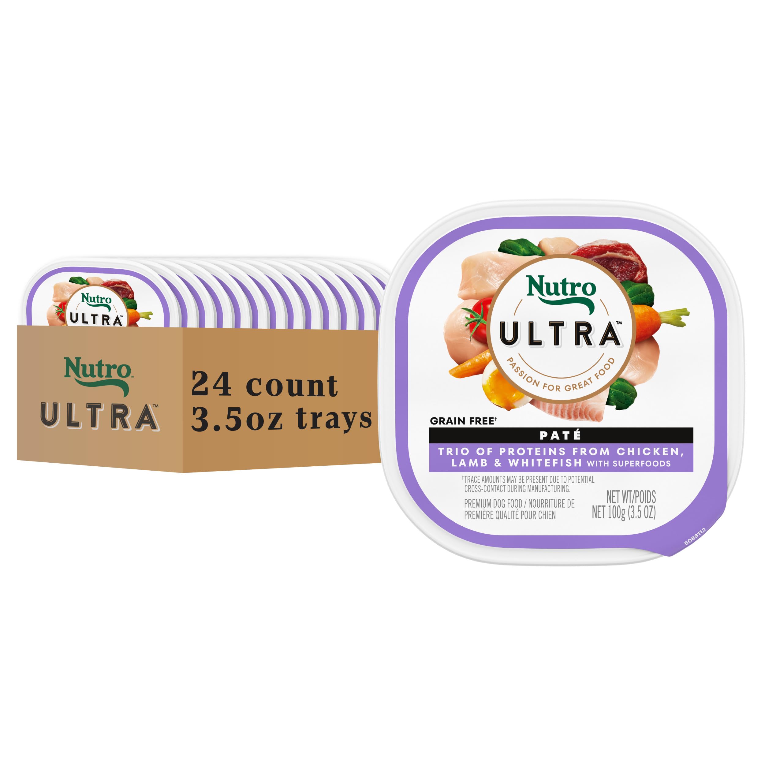 Nutro Ultra Pâté, trio de protéines : poulet, agneau et poisson pour repas appétissant.