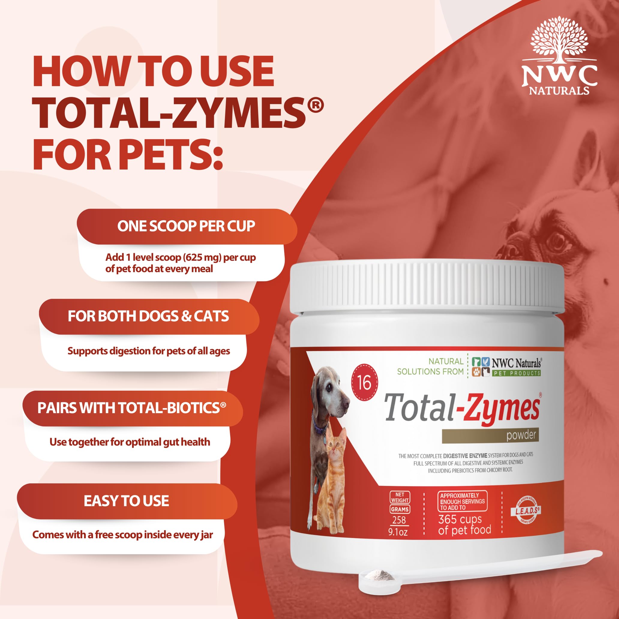 NWC Naturals Total-Zymes boîte 8 onces pratique pour chats et chiens