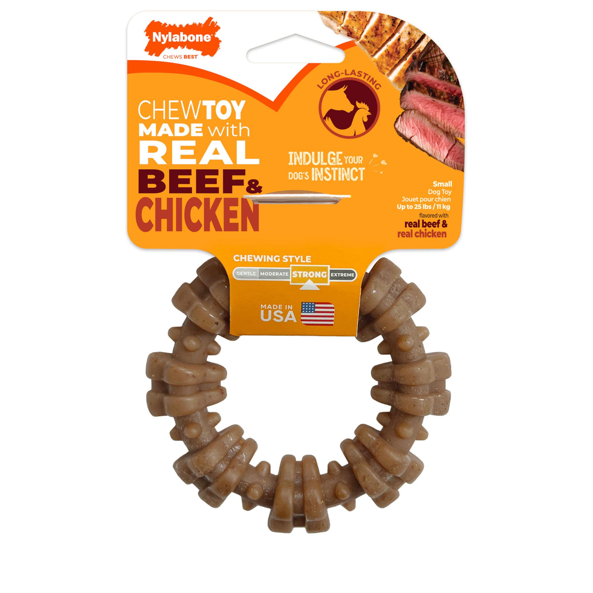 Jouet Nylabone anneau texturé avec saveur bœuf et poulet pour chiens actifs.