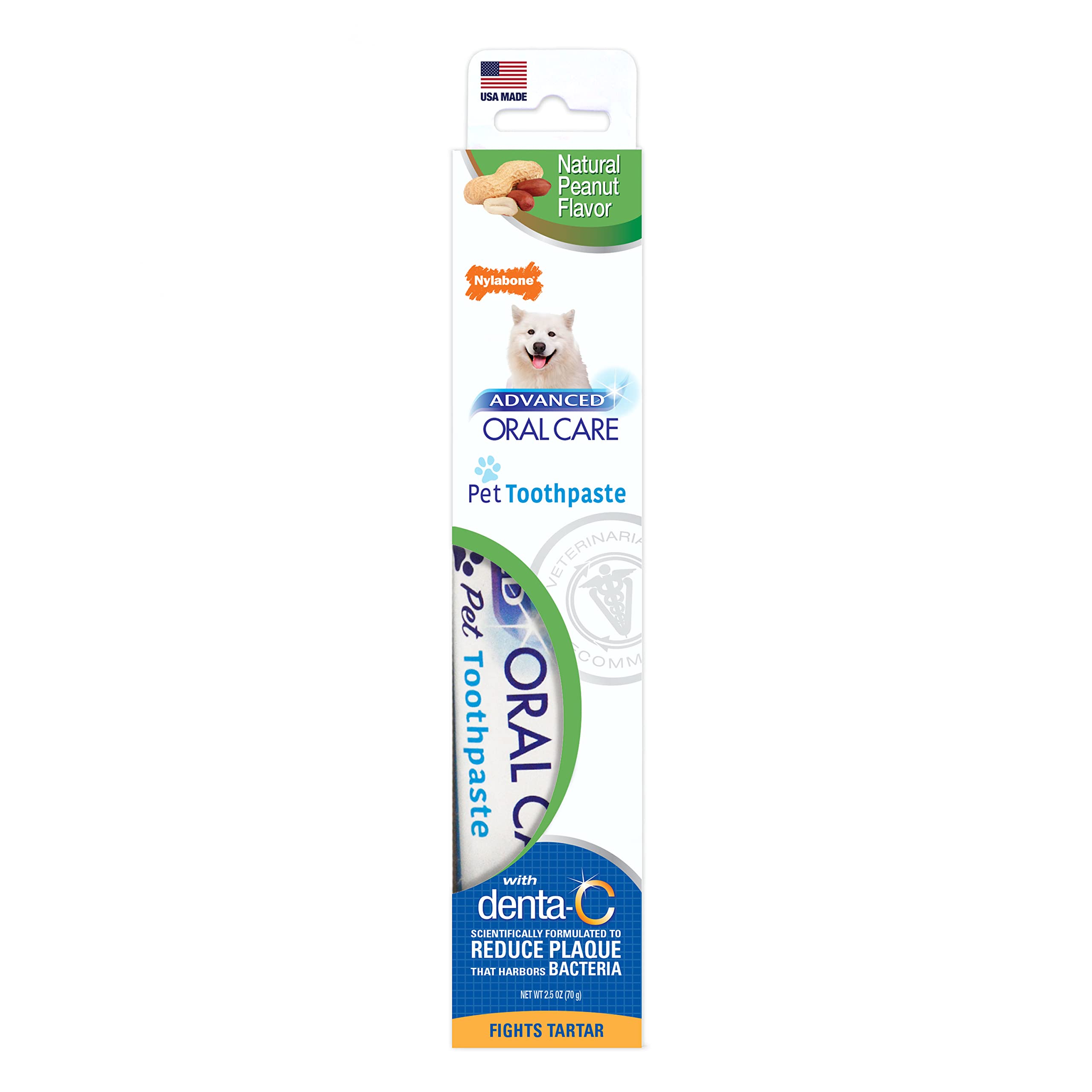 Dentifrice Nylabone pour soins buccaux dans l'emballage, prêt à l'emploi.