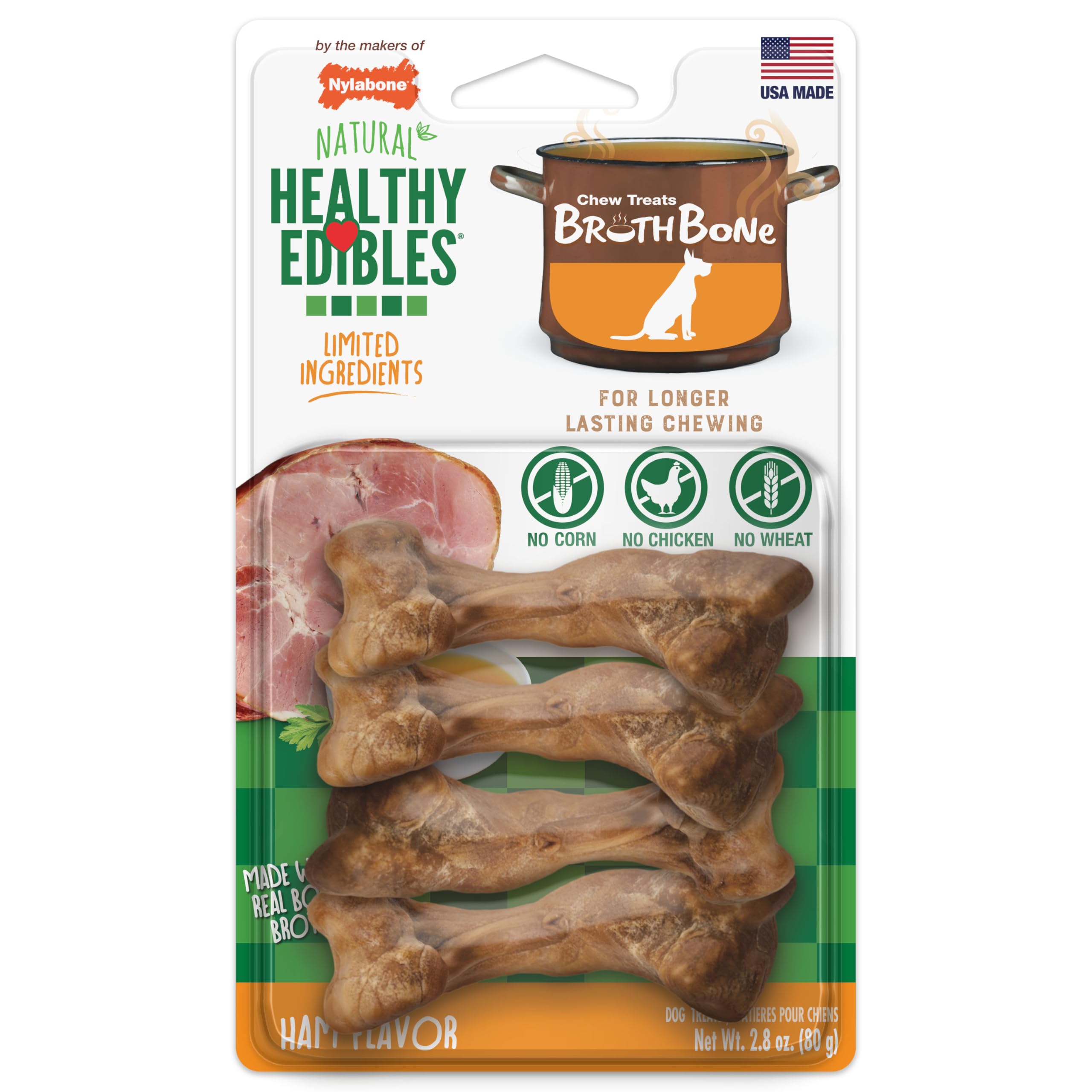 Nylabone bouillon-os jambon petit, format adapté chiens jusqu’à 20 lb, goût jambon.