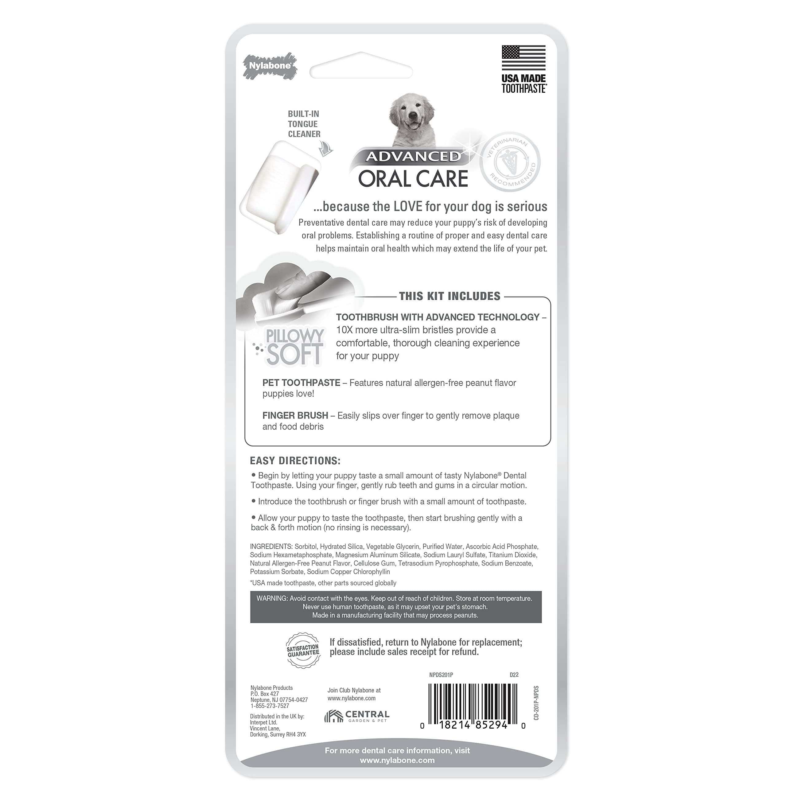 Composants du kit dentaire Nylabone pour chiot, accessibilité et facilité d’utilisation.