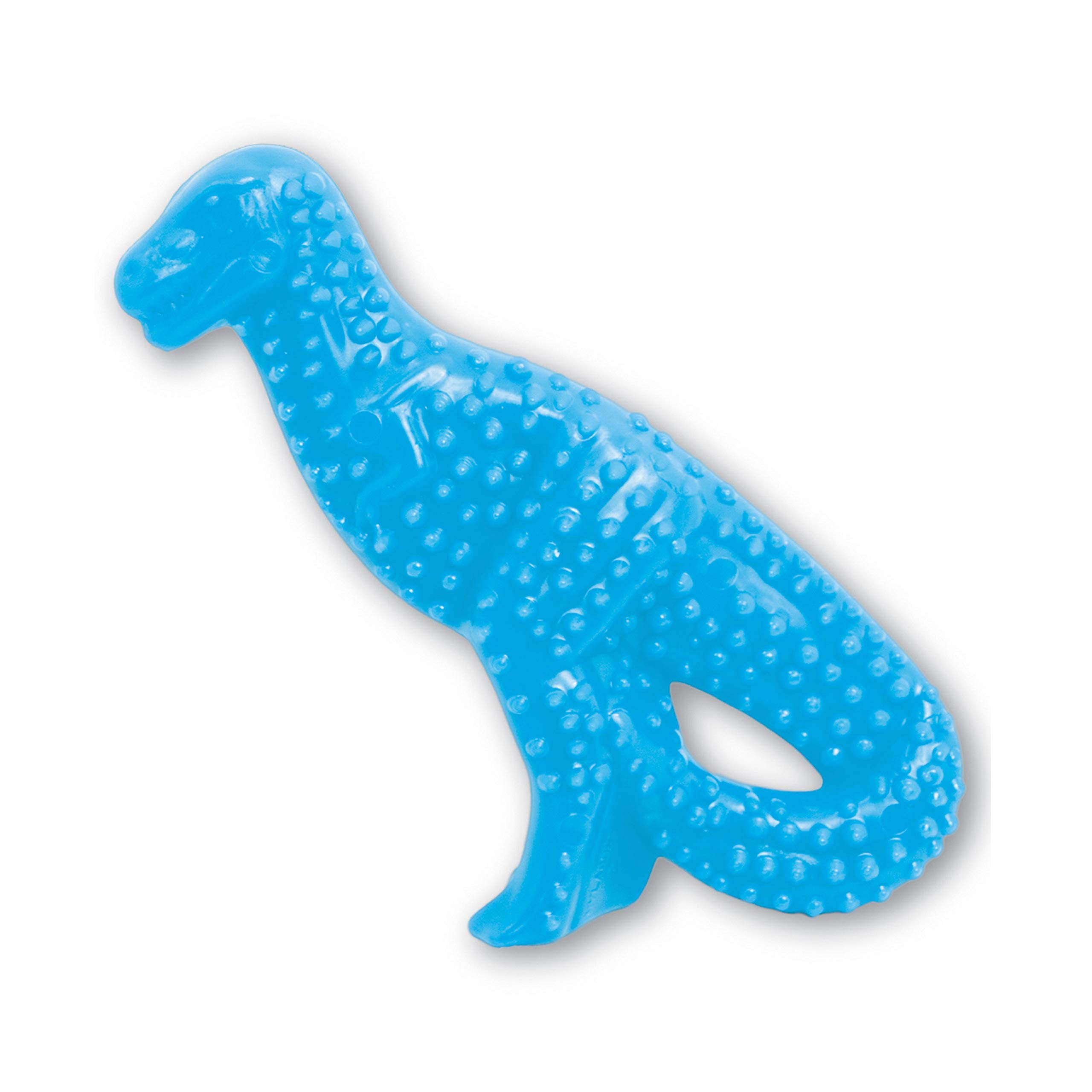 Jouet Nylabone dinosaure pour chiot, texture qui masse les gencives et stimule la mastication.