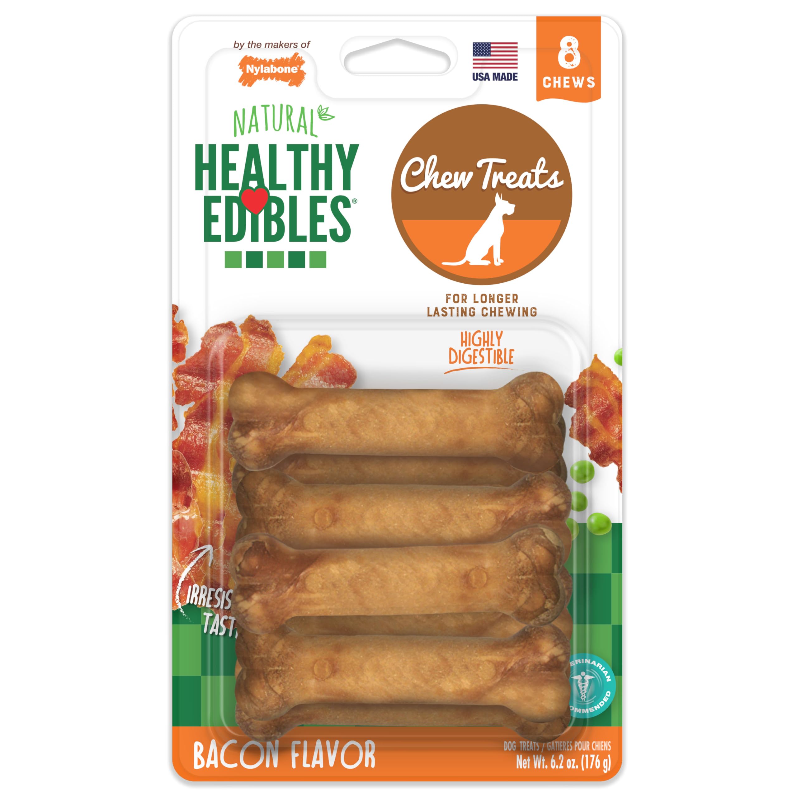 Nylabone Healthy Edibles: os long durable au bacon pour petit chien, récompense sûre.