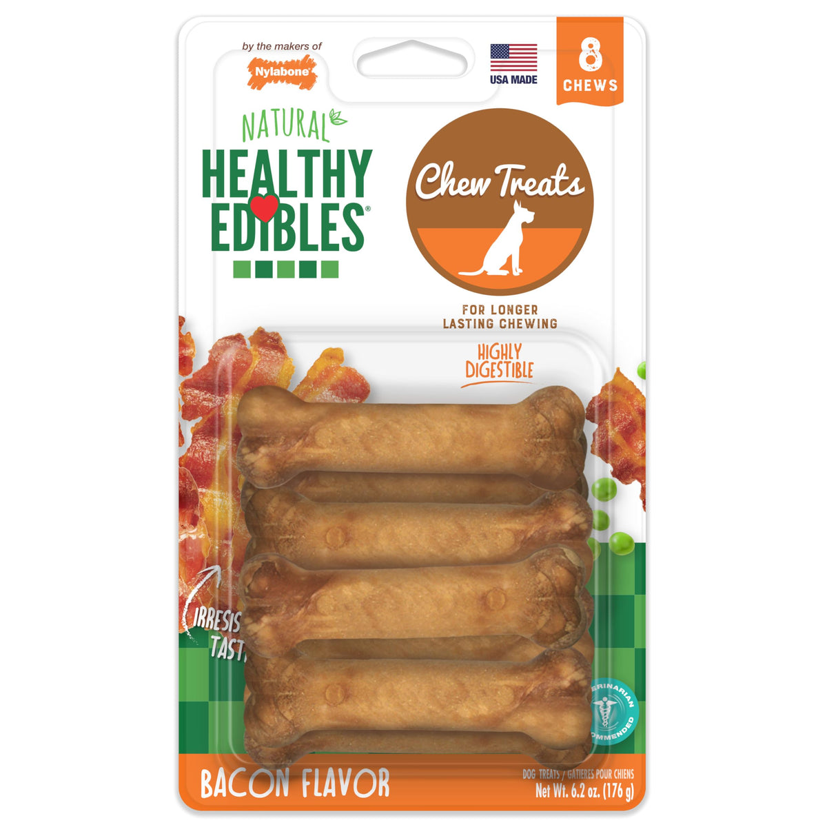 Nylabone Healthy Edibles: os long durable au bacon pour petit chien, récompense sûre.