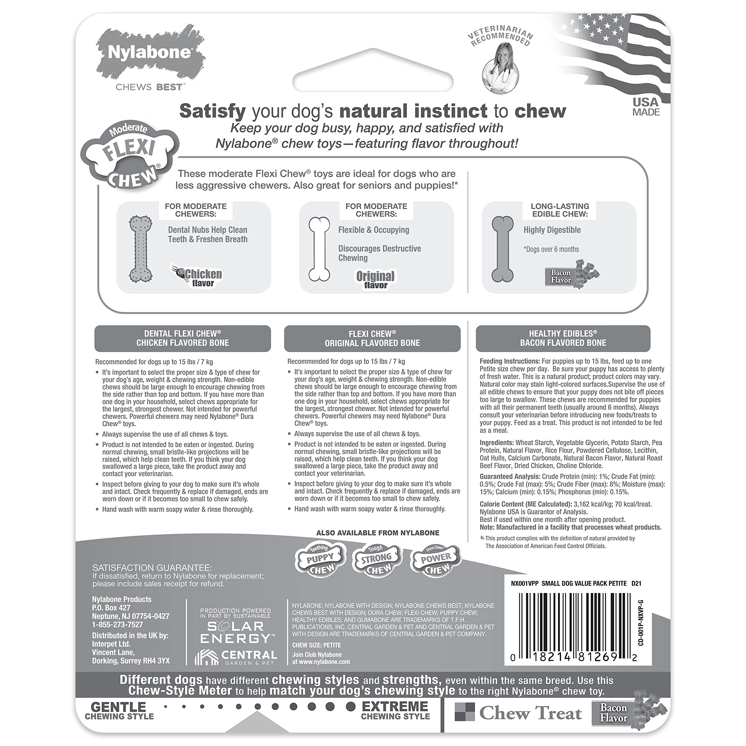 Nylabone Flexi Chew fabriqué aux Etats‑Unis, assurance qualité.
