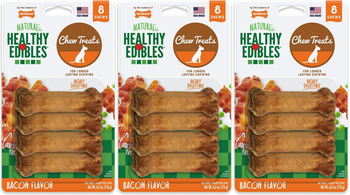 Nylabone friandises saines à mâcher bacon pour petits chiens, emballage pratique.