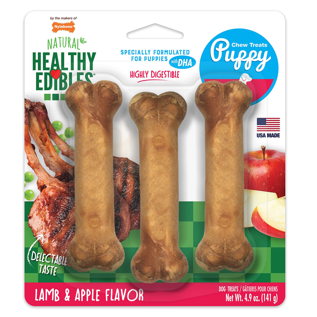 Friandise Nylabone Healthy Edibles chiots agneau-pomme format 4,5 pouces, longue durée.