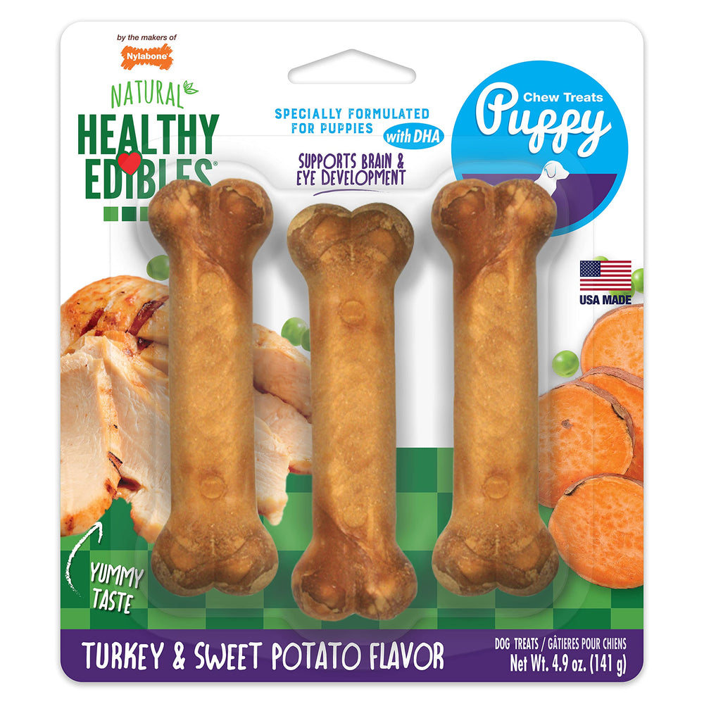 Nylabone Healthy Edibles emballage saveur dinde et patate douce pour chiots.