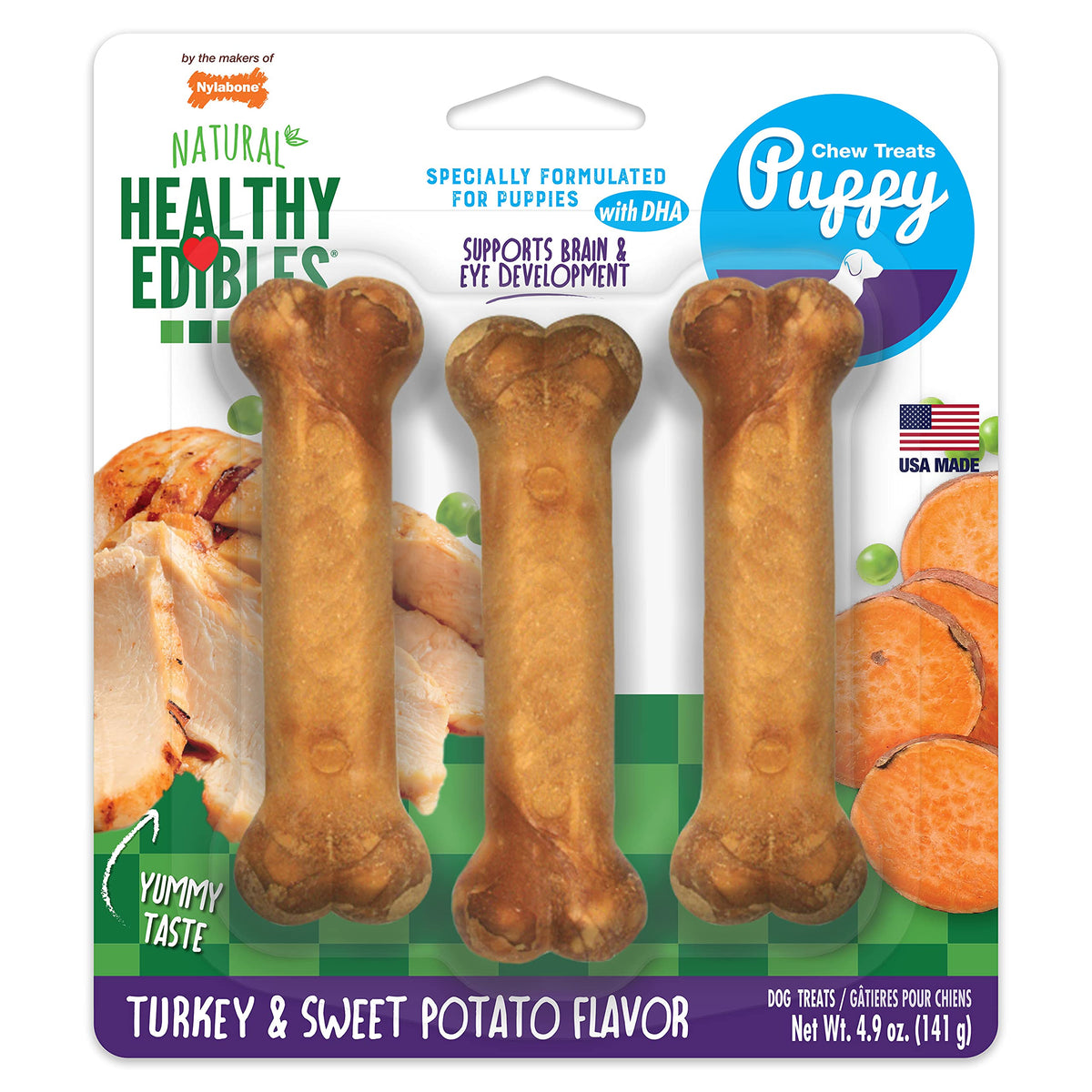 Nylabone Healthy Edibles emballage saveur dinde et patate douce pour chiots.