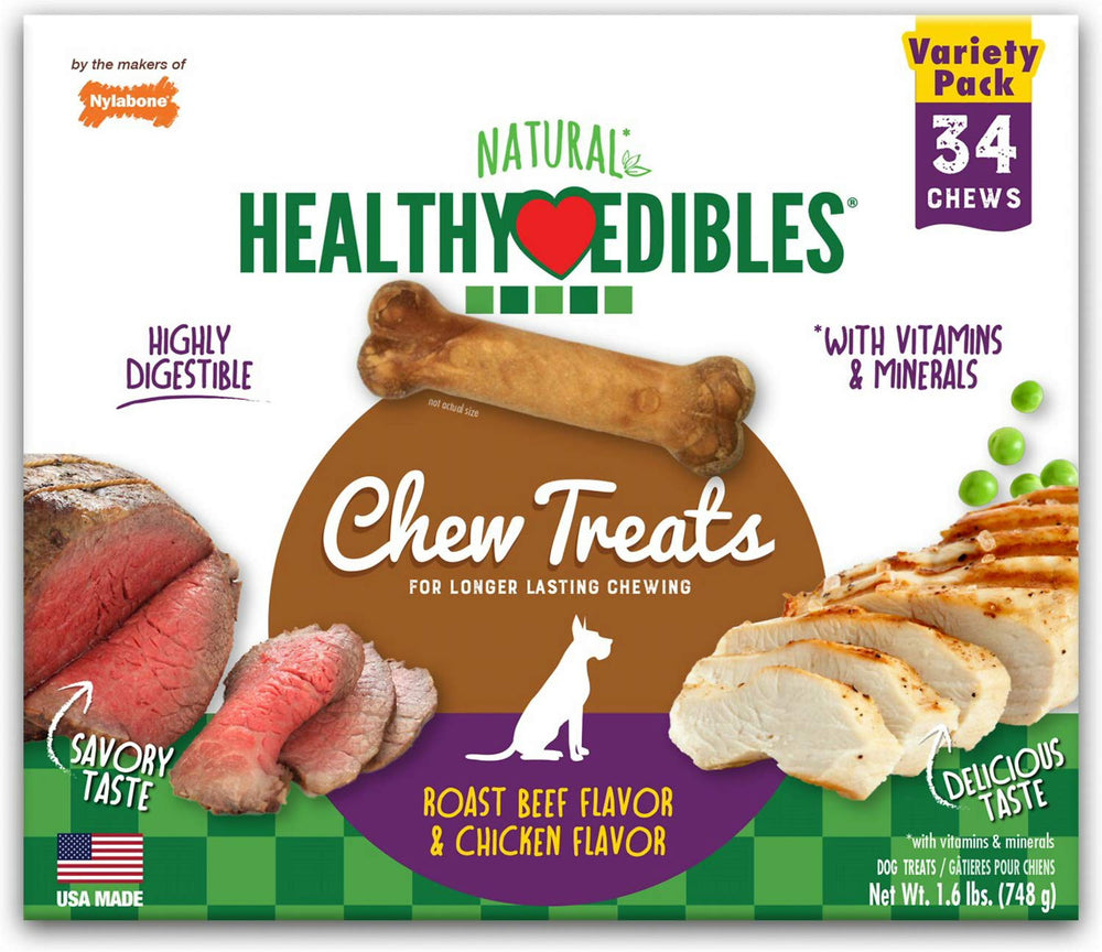 Nylabone Healthy Edibles emballage en gros plan, friandises saines pour chiens.