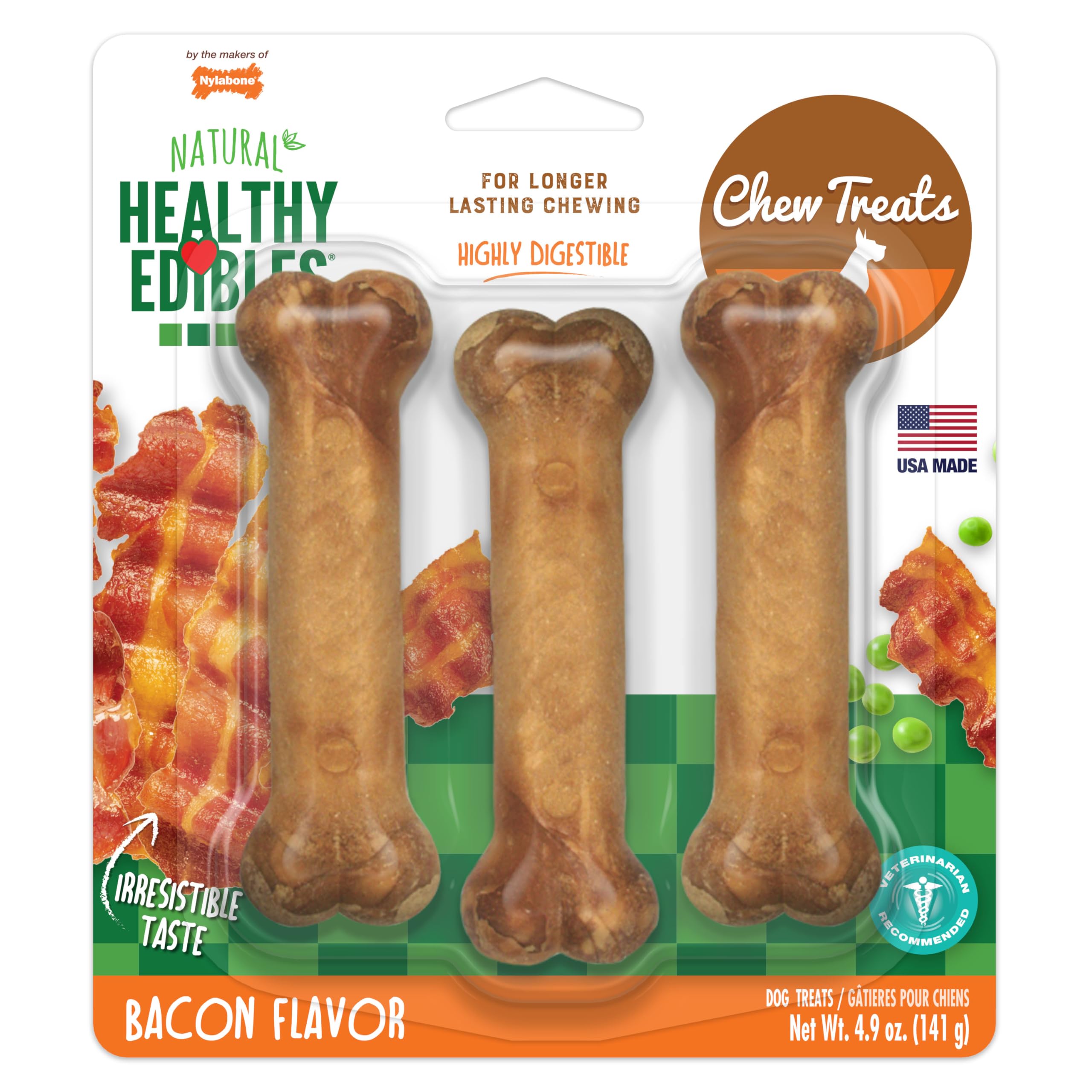 Nylabone Healthy Edibles saveur bacon, friandise pour petit chien, mastication durable.