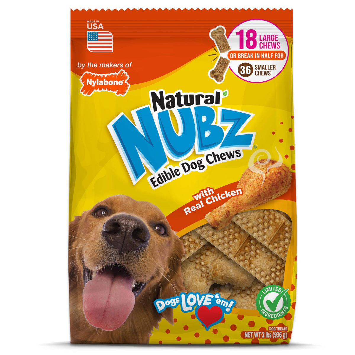 Nylabone Nubz emballage poulet naturel, idéal pour commencer une séance de mâchage