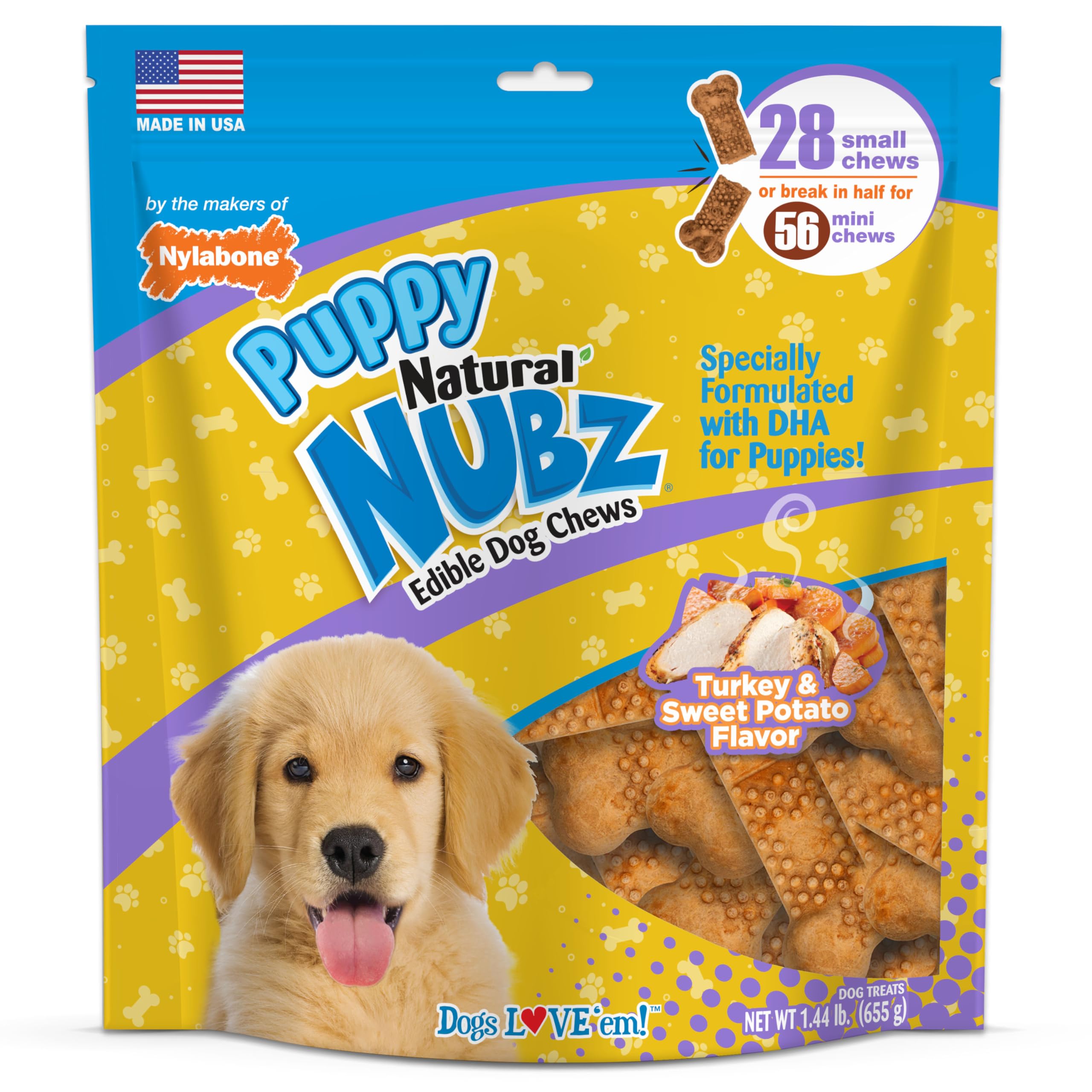 Nylabone Nubz emballage, récompense durable pour chiots en formation.