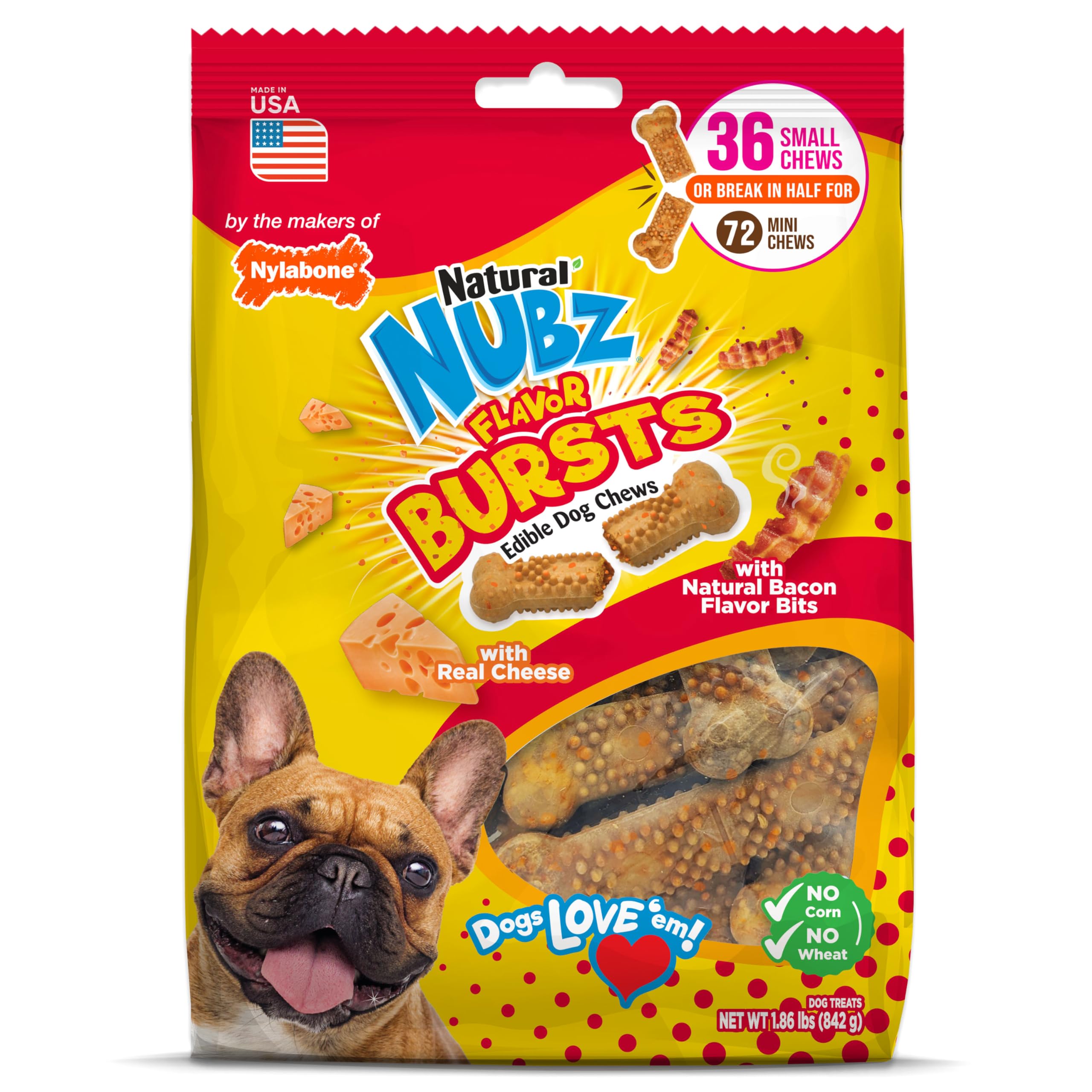 Nylabone Nubz Flavor Bursts: gros plan sur l’os croquant au fromage et bacon.