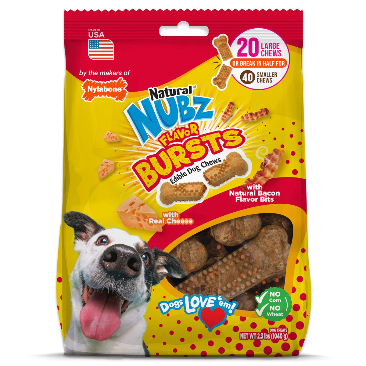 Nylabone Nubz, os au fromage et bacon, friandise gourmande pour chiens.