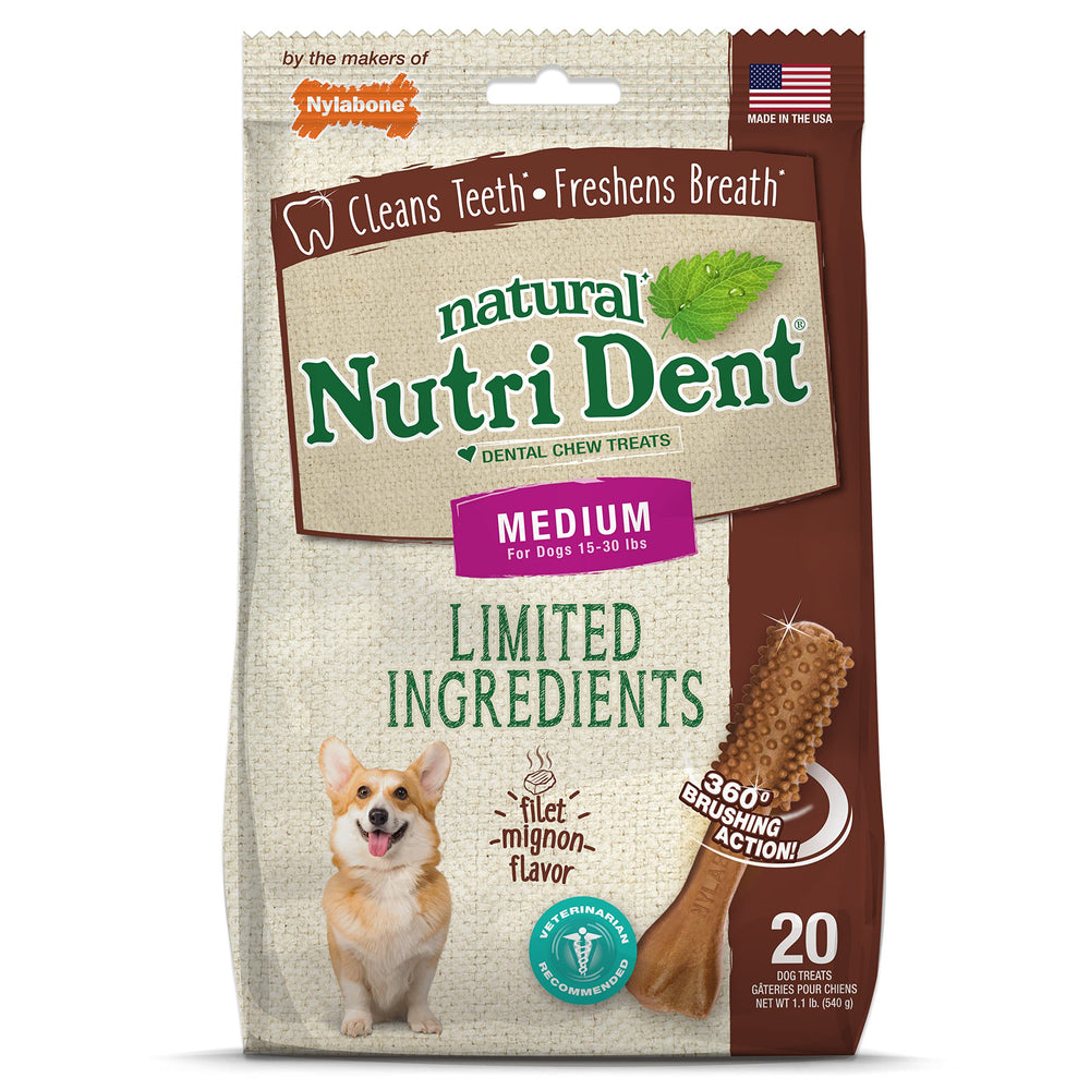 Nylabone Nutri Dent emballage filet mignon pour chien, friandise dentaire.