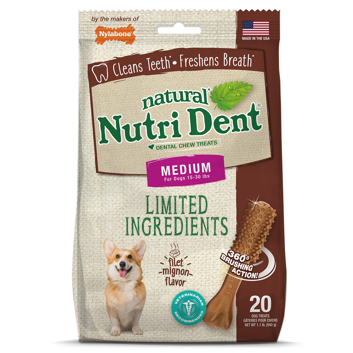 Nylabone Nutri Dent emballage filet mignon pour chien, friandise dentaire.
