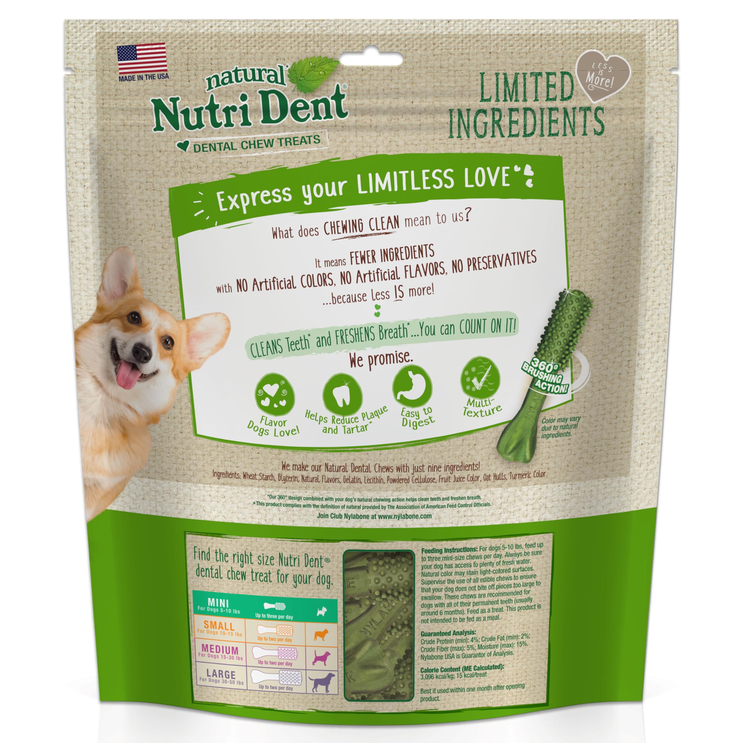 Nutri Dent, sans artificiels, formulation simple pour chien.