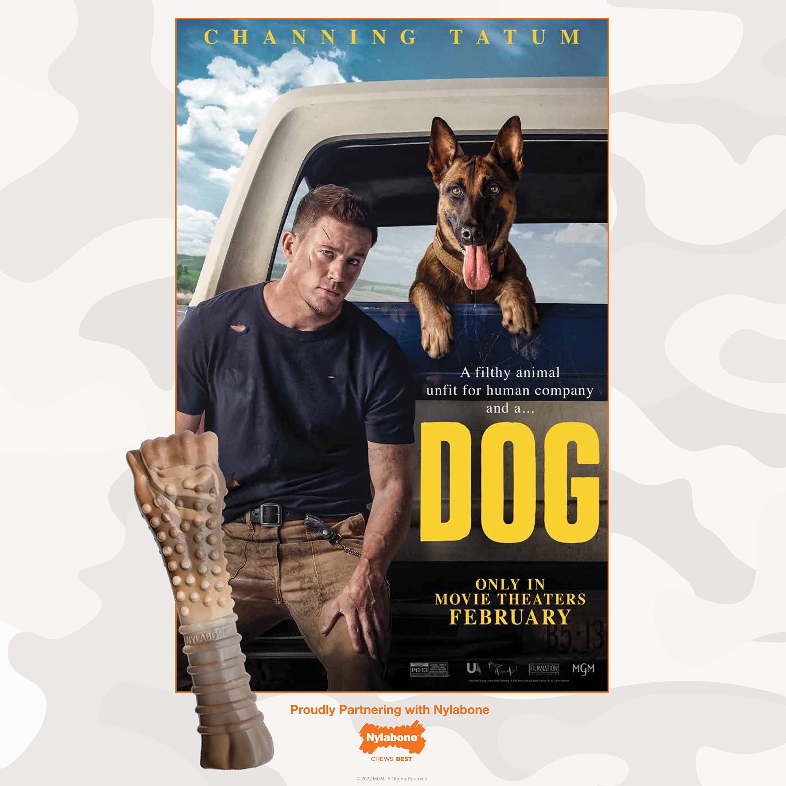 Nylabone Power Chew Camo, fabriqué aux États‑Unis, promesse de qualité et longévité pour chiens forts.