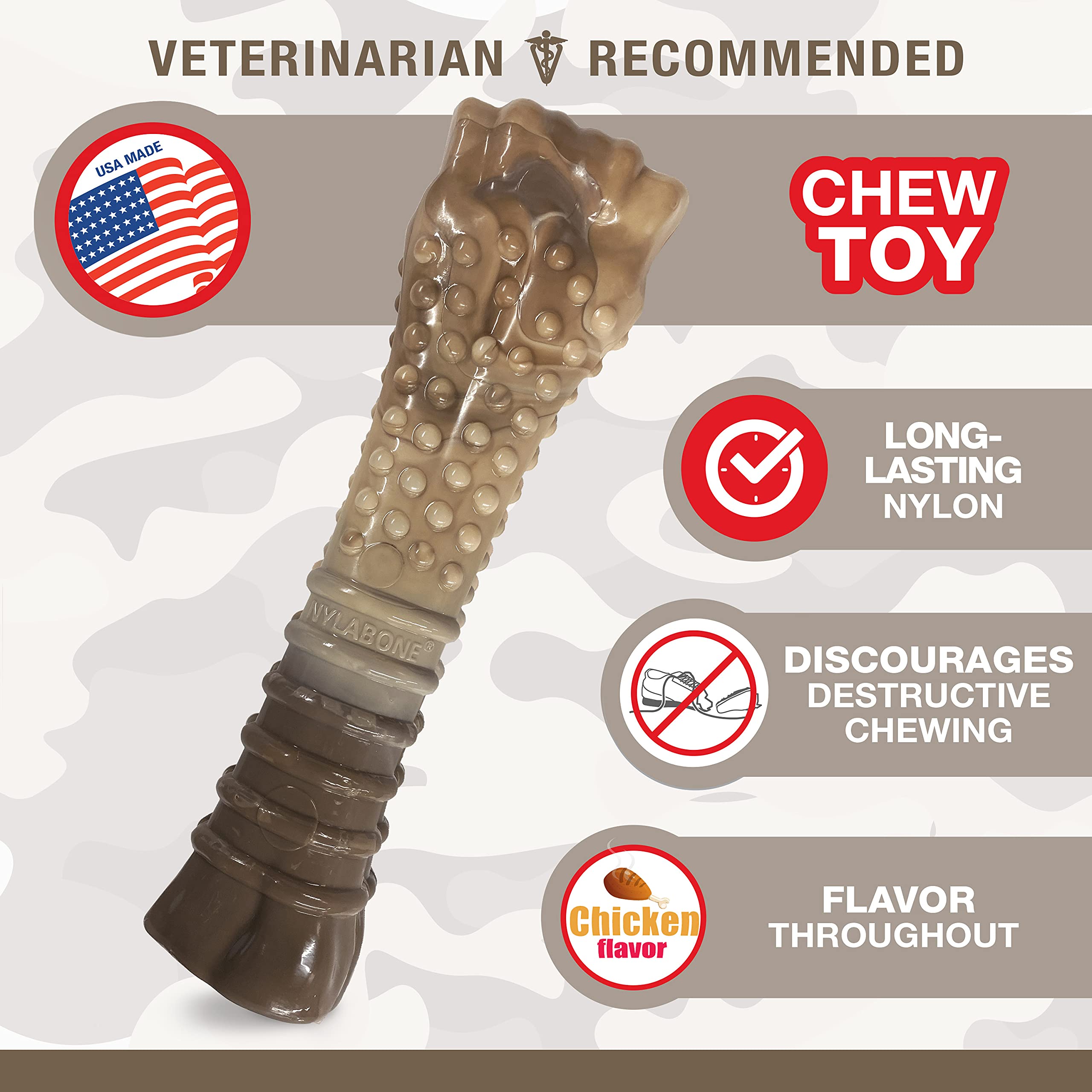 Nylabone Power Chew Camo, texture rainures et bosses, aide à nettoyer légèrement les dents durant le jeu.