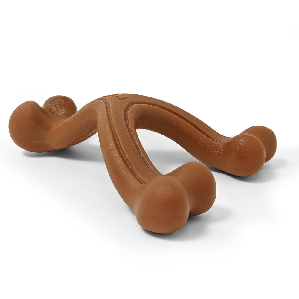 Nylabone: prise ergonomique et os en forme Y facilitant le mordillage.