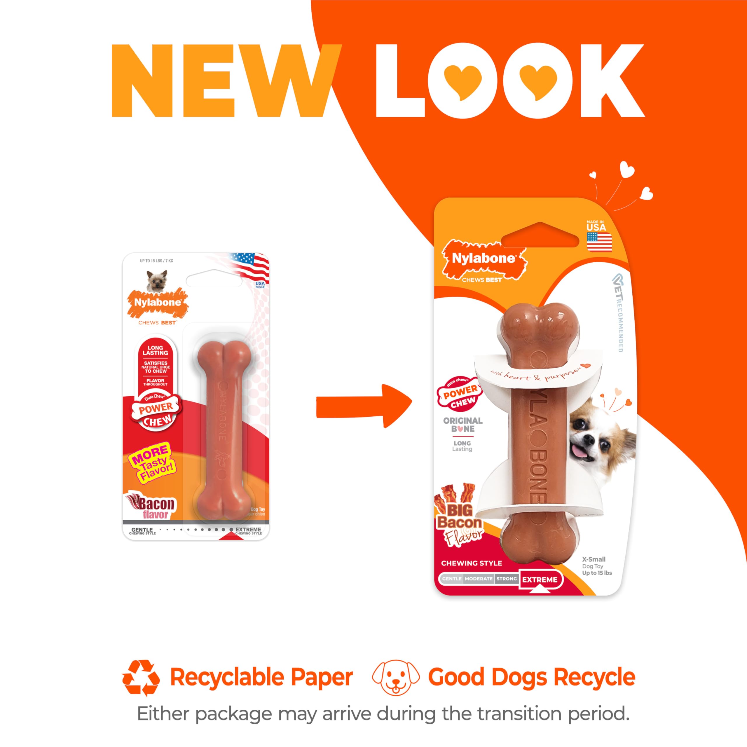 Nylabone saveur bacon infusée, plaisir de mâcher prolongé.