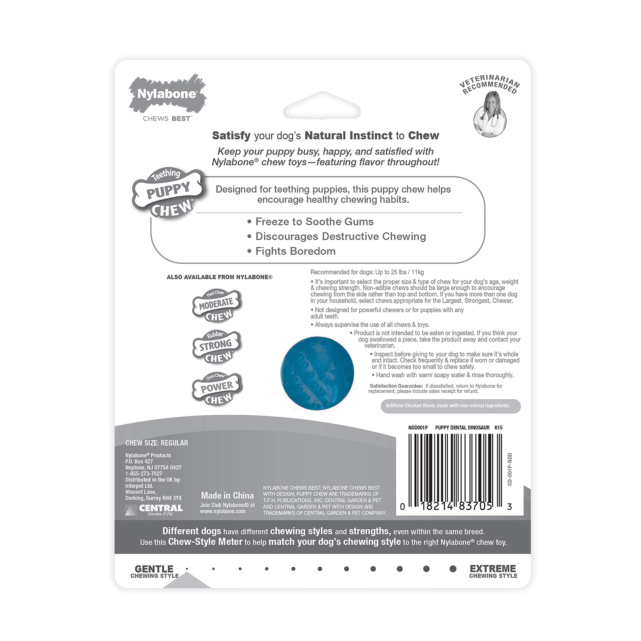 Jouet Nylabone dentition, conçu pour nettoyer légèrement les dents lors de la mastication.