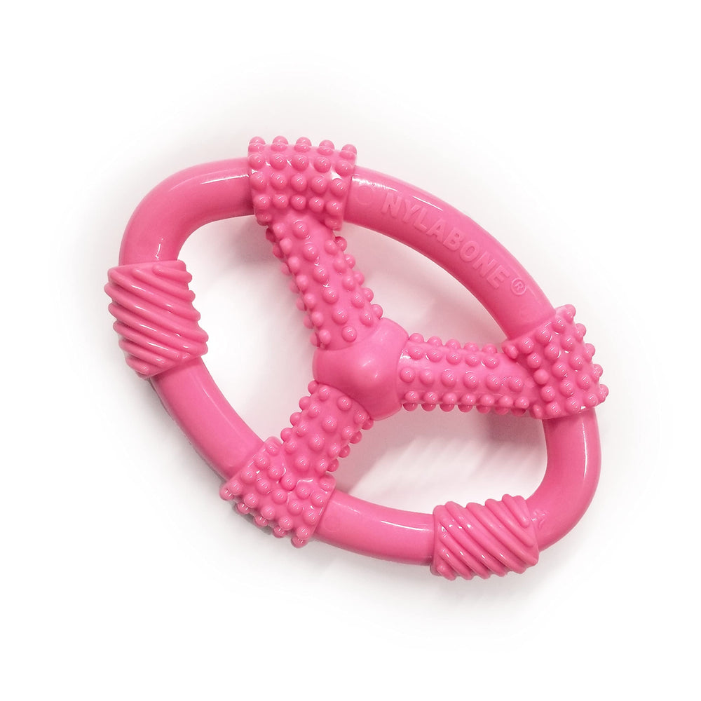 Nylabone Spin Tug & Play, anneau chiot – stimulation ludique et apaisement des poussées dentaires.