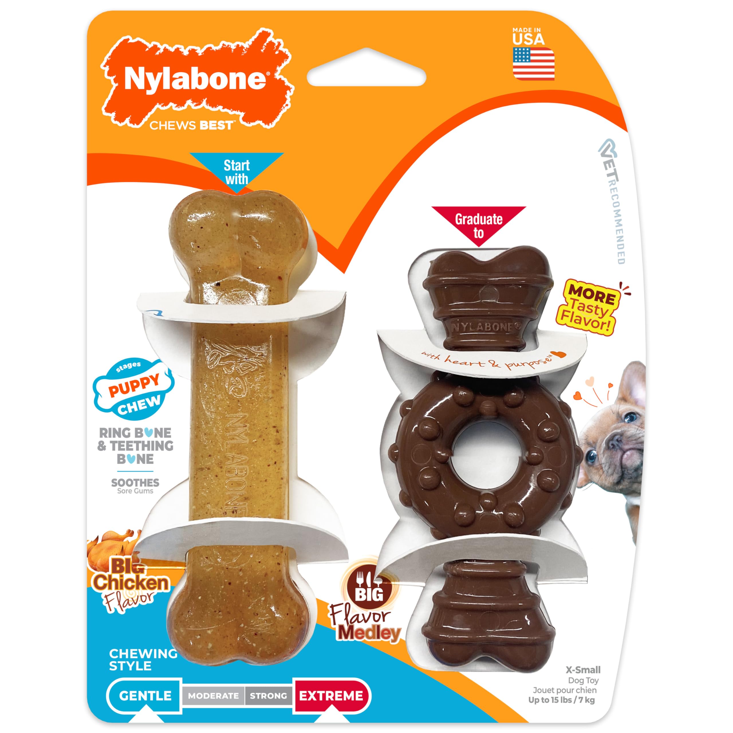 Nylabone texture crénelée chiots poulet: stimule l’instinct de mastication et le nettoyage.