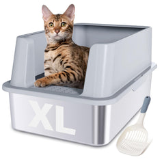 Nyutu XL boîte-litière en acier inox avec couvercle, pratique pour limiter les projections et les salissures.
