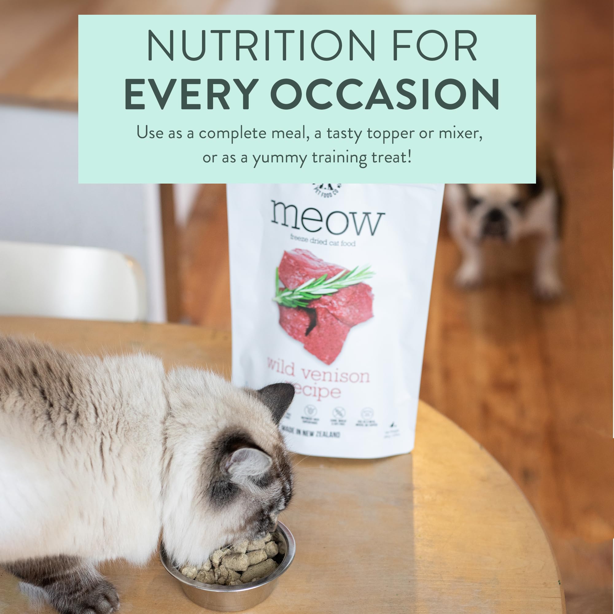 Ingrédients super-aliments The New Zealand Natural Pet Food Co Meow: moules vertes et miel de Manuka.