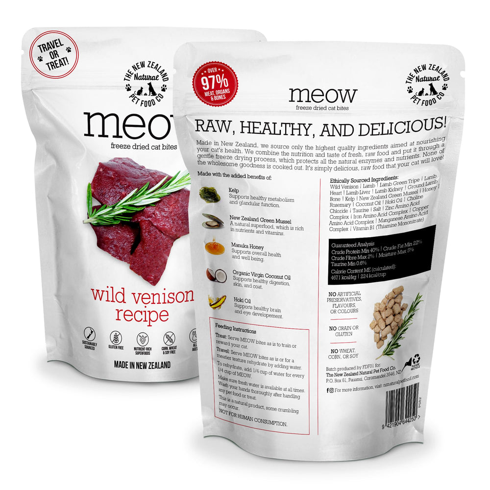 Texture sèche venaison The New Zealand Natural Pet Food Co Meow, croquante et appétente.