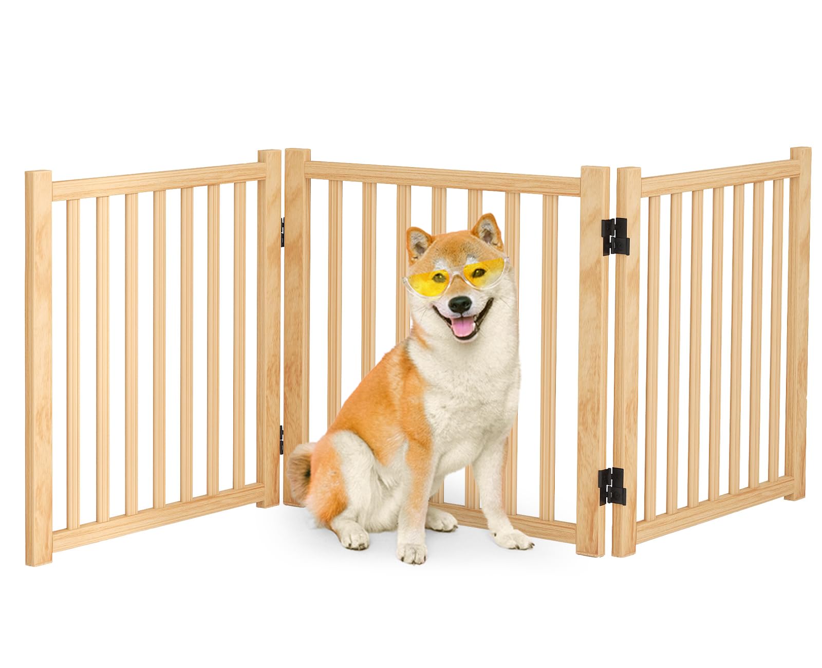 Barrière Oapety pour chien en bois naturel avec 3 panneaux, idéale pour entrées.