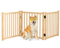 Barrière Oapety pour chien en bois naturel avec 3 panneaux, idéale pour entrées.