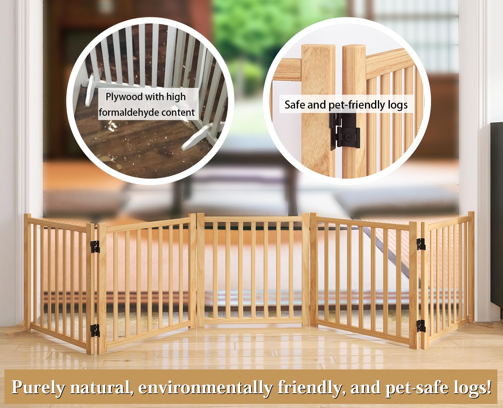 Barriere pour chien Oapety en bois naturel, pliable et facile a ranger.
