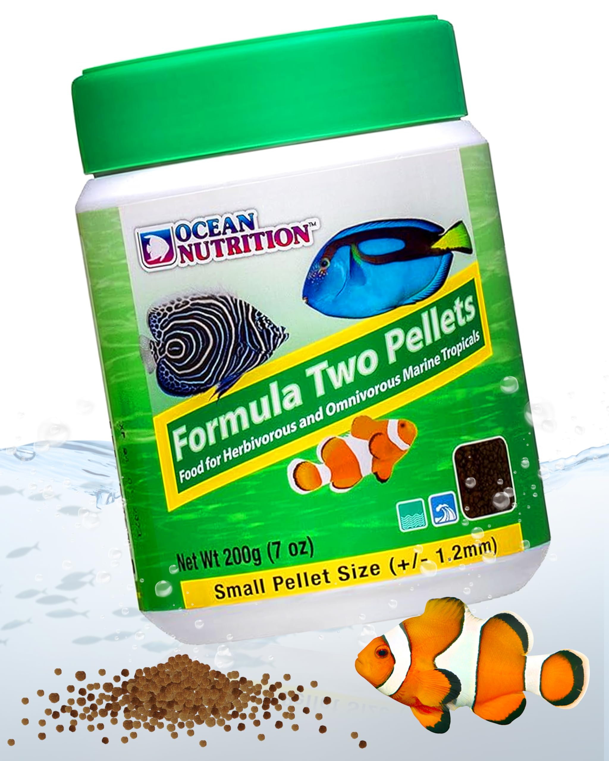 Ocean Nutrition Formule Deux - paillettes dans bouteille ouverte, dosage facile pour poissons tropicaux.