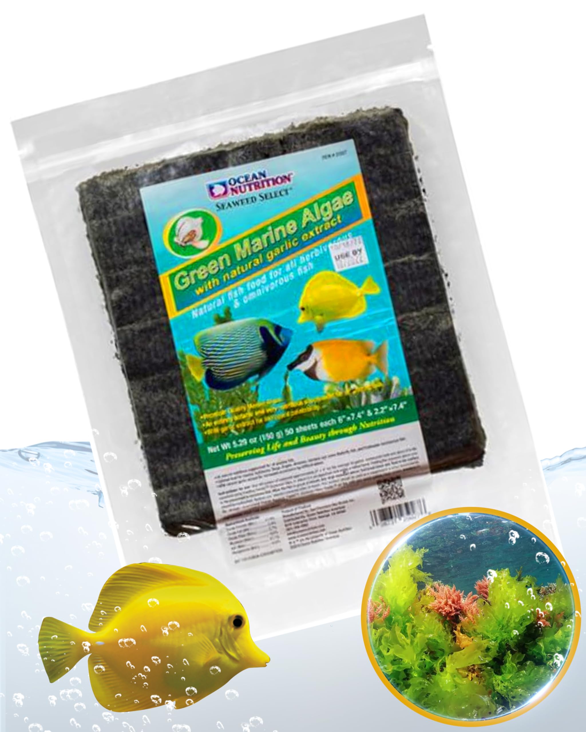 Seaweed Select Ocean Nutrition – feuilles-algue-verte: aliment naturel pour poissons herbivores.