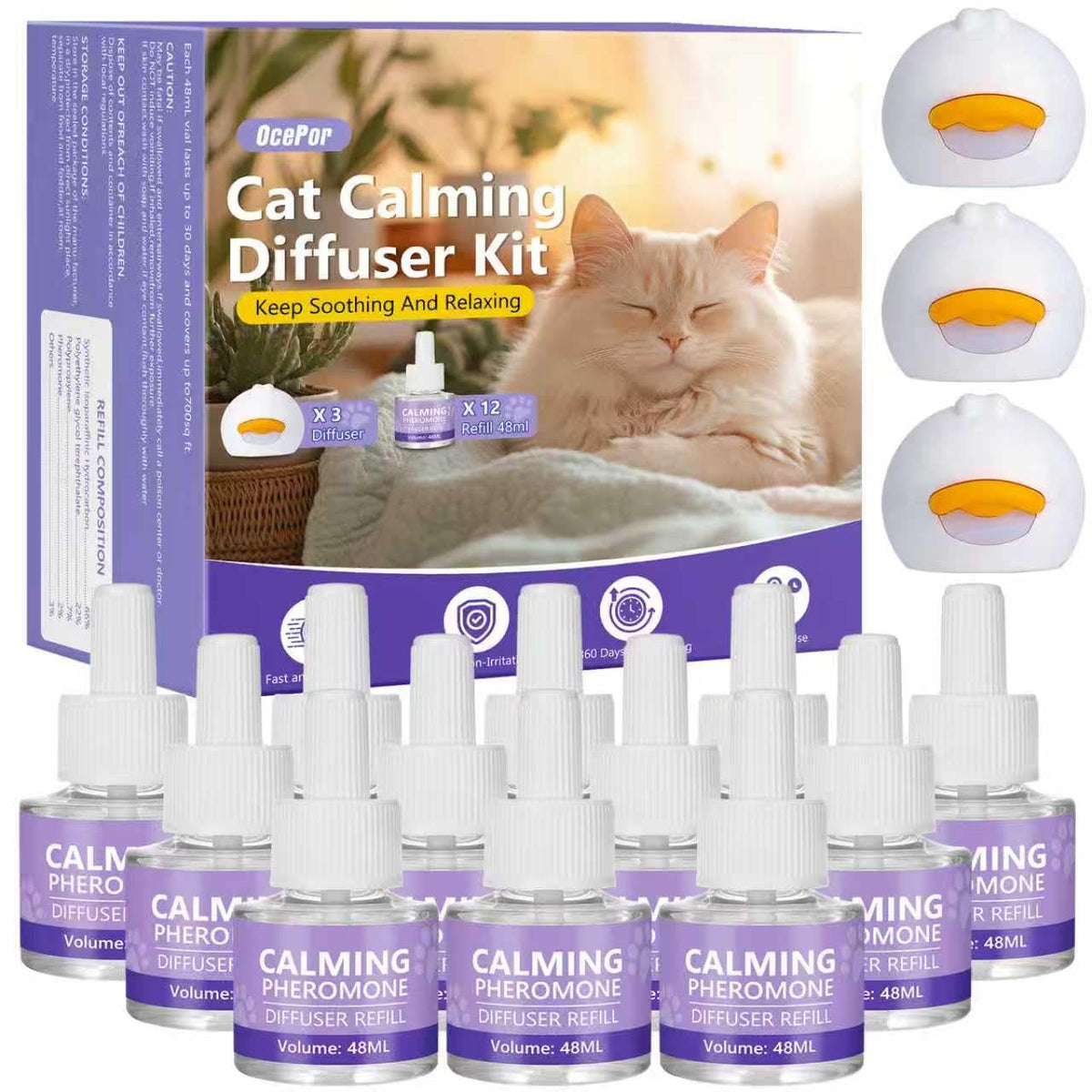 Diffuseur OcePor pour chats avec 3 prises et 12 recharges, diffusion apaisante.