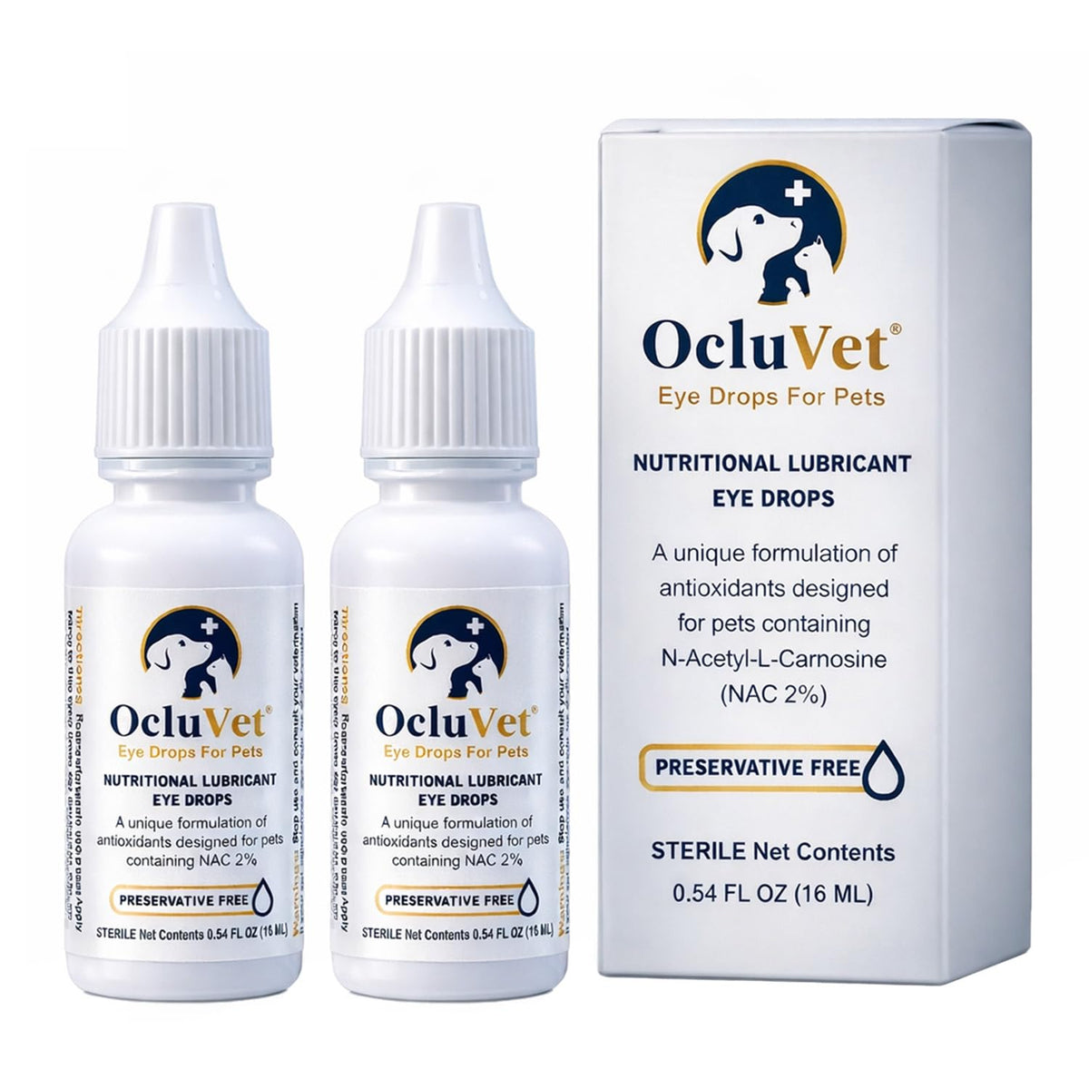 Gouttes oculaires OcluVet présentées dans la bouteille pratique pour l'entretien oculaire des animaux