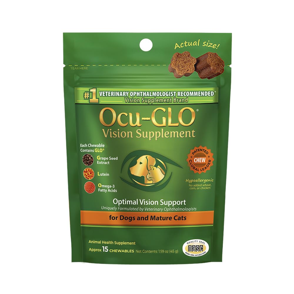 Boîte Ocu-GLO et emballage montrant le complément vision pour chiens et chats.