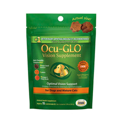 Boîte Ocu-GLO et emballage montrant le complément vision pour chiens et chats.